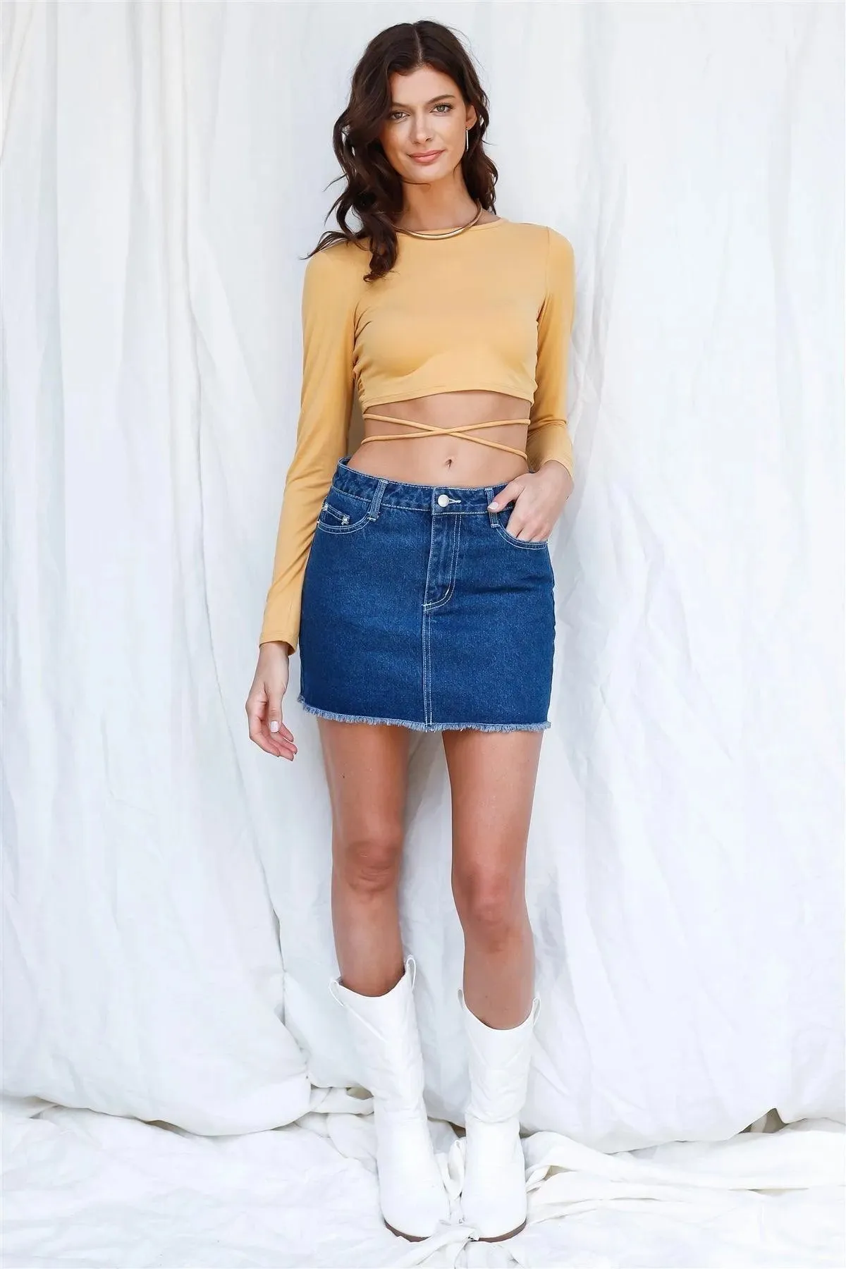 Dusty Yellow Back Criss-Cross Ruched Self-Tie Detail Crop Top