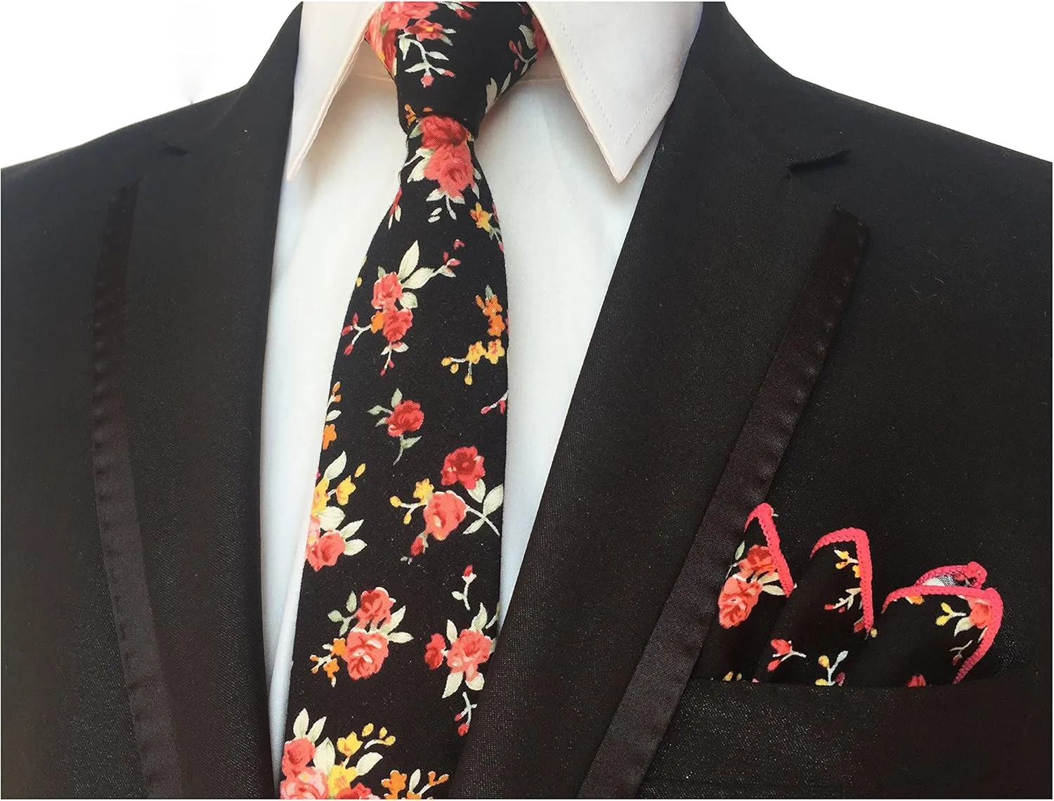 Elfeves Men's Skinny Necktie & Pocket Square Set Cotton Floral Handkerchief Tie