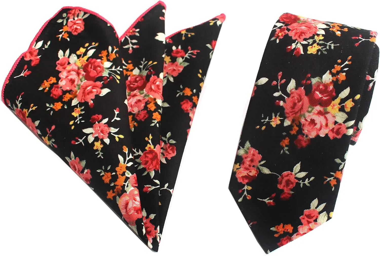 Elfeves Men's Skinny Necktie & Pocket Square Set Cotton Floral Handkerchief Tie