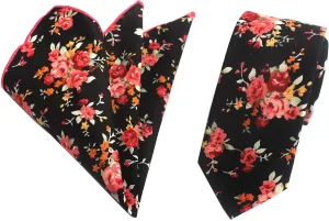 Elfeves Men's Skinny Necktie & Pocket Square Set Cotton Floral Handkerchief Tie