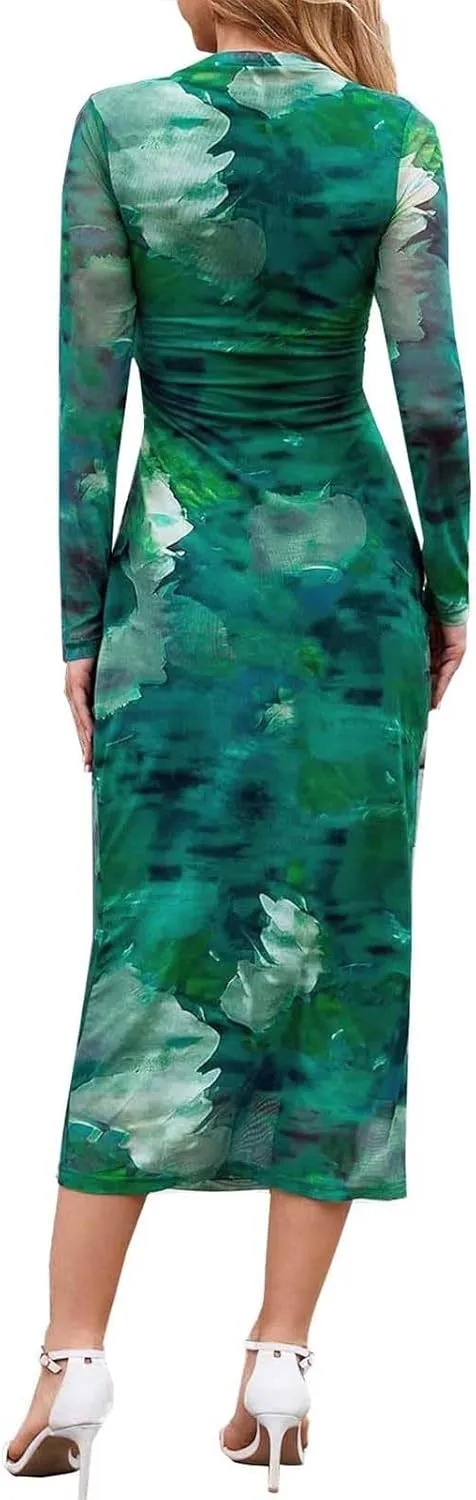Evening Gowns for Women Formal Long Sleeve Evening Roundneck Gowns Long Sleeve Maxi Party Bodycon Formal Dresses
