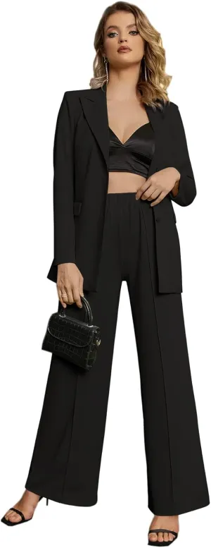 EXTRO&VERT Women Suit Two Pieces Outfit Long Sleeve Business Casual Blazer Jacket with Wide Leg Pant Suit Set for Work
