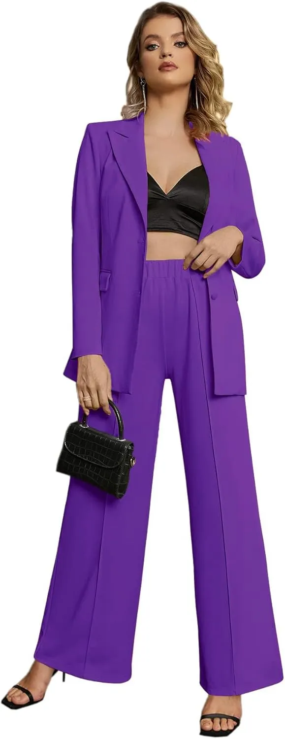 EXTRO&VERT Women Suit Two Pieces Outfit Long Sleeve Business Casual Blazer Jacket with Wide Leg Pant Suit Set for Work