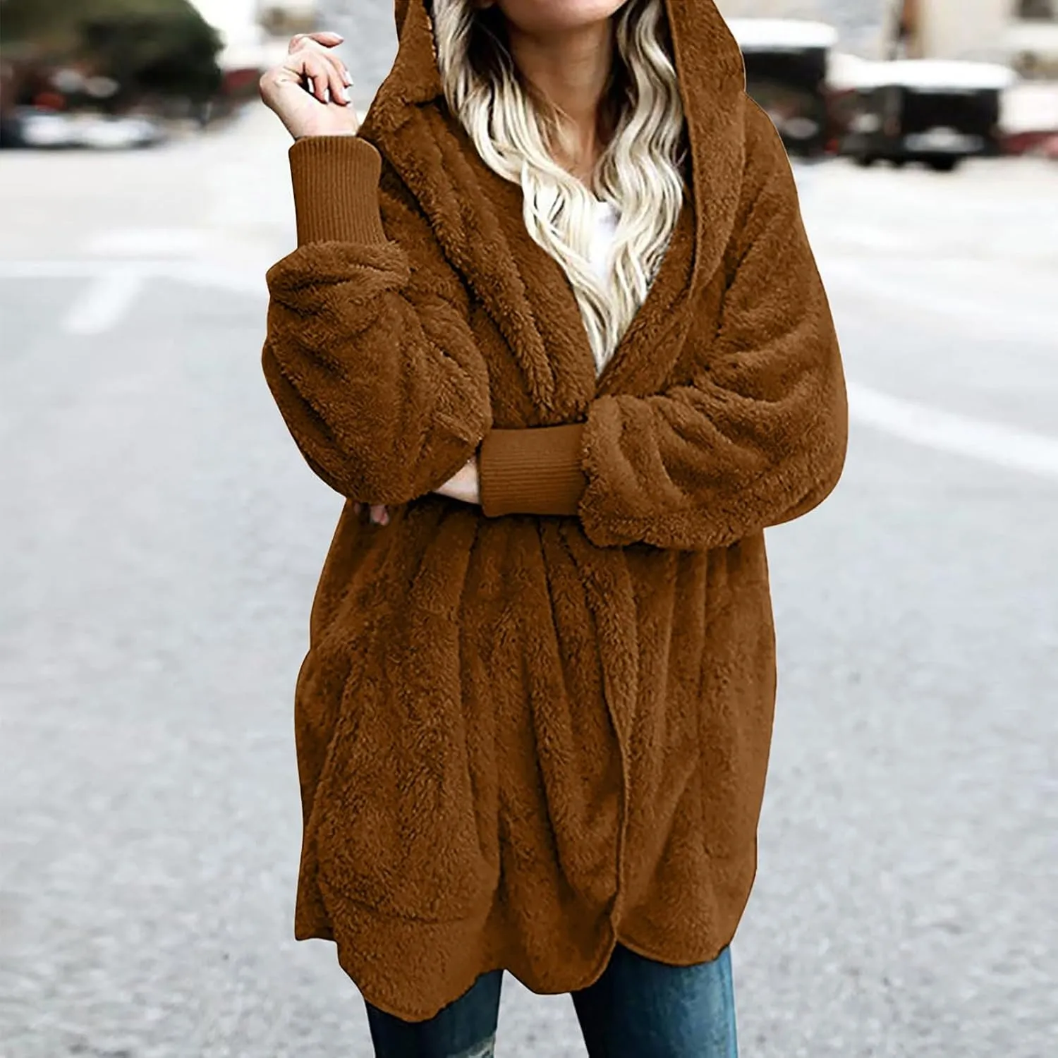 fartey Womens Oversized Fleece Jackets Zip Up Long Sleeve Hoodies Comfy Soft Fuzzy Sherpa Coats Outerwear with Pockets