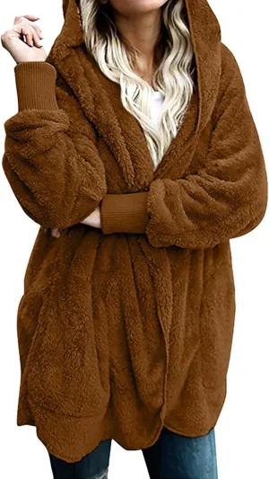fartey Womens Oversized Fleece Jackets Zip Up Long Sleeve Hoodies Comfy Soft Fuzzy Sherpa Coats Outerwear with Pockets