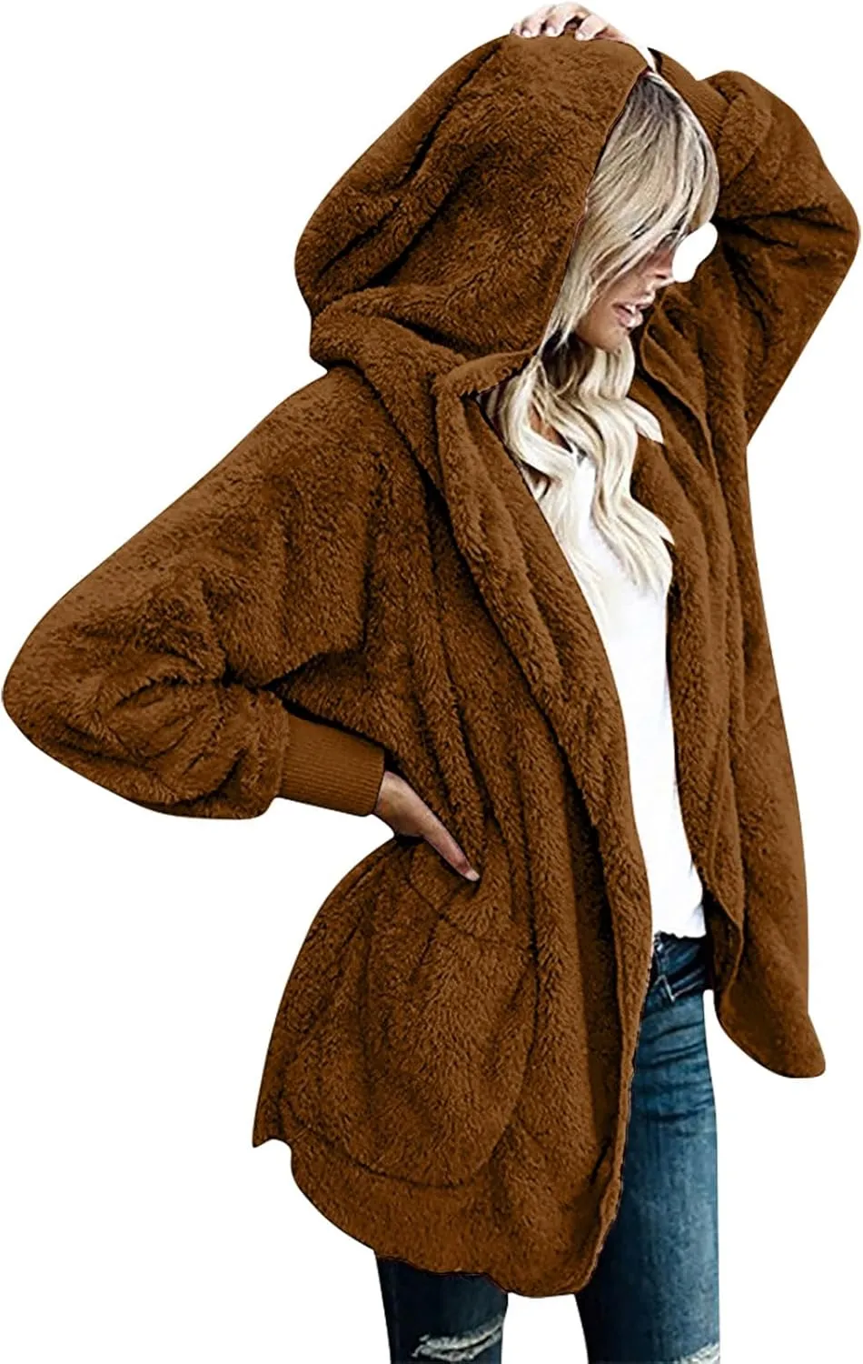 fartey Womens Oversized Fleece Jackets Zip Up Long Sleeve Hoodies Comfy Soft Fuzzy Sherpa Coats Outerwear with Pockets