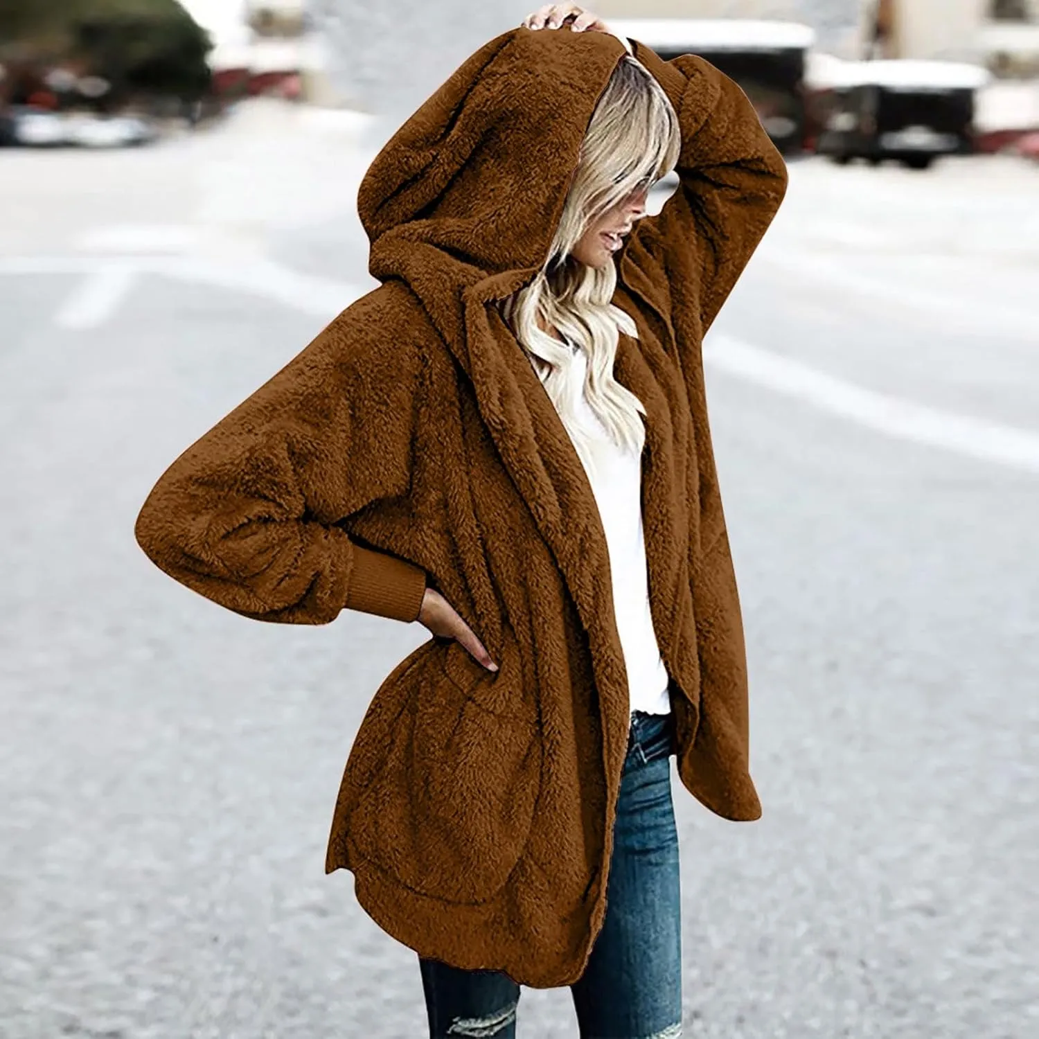 fartey Womens Oversized Fleece Jackets Zip Up Long Sleeve Hoodies Comfy Soft Fuzzy Sherpa Coats Outerwear with Pockets
