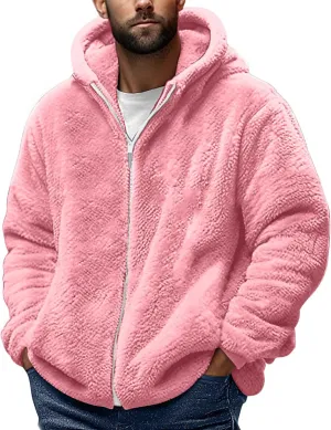Fleece Jacket Men Fuzzy Zip up Hoodie Open Front Hooded Cardigan Faux Fur Coat Warm Fall Winter Jackets Thermal Outwear