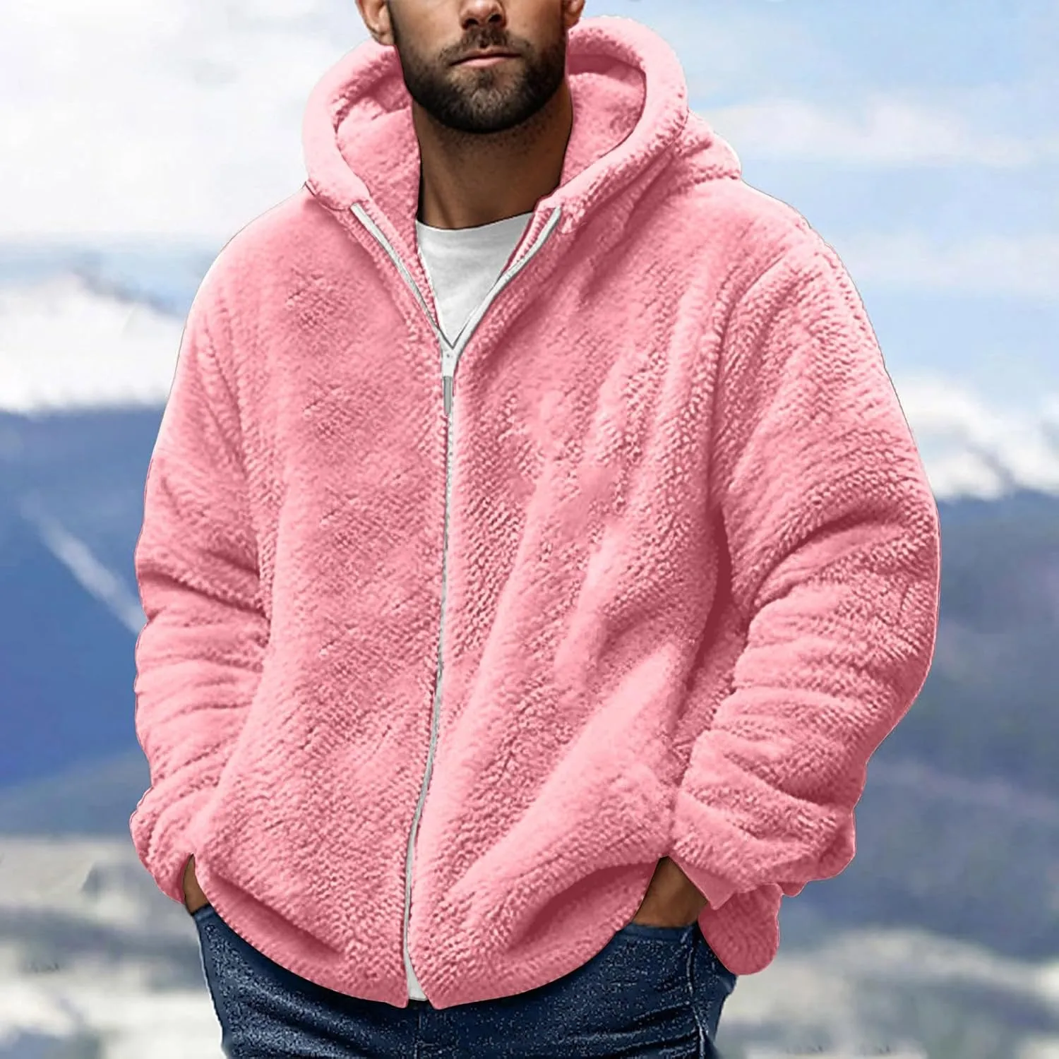 Fleece Jacket Men Fuzzy Zip up Hoodie Open Front Hooded Cardigan Faux Fur Coat Warm Fall Winter Jackets Thermal Outwear