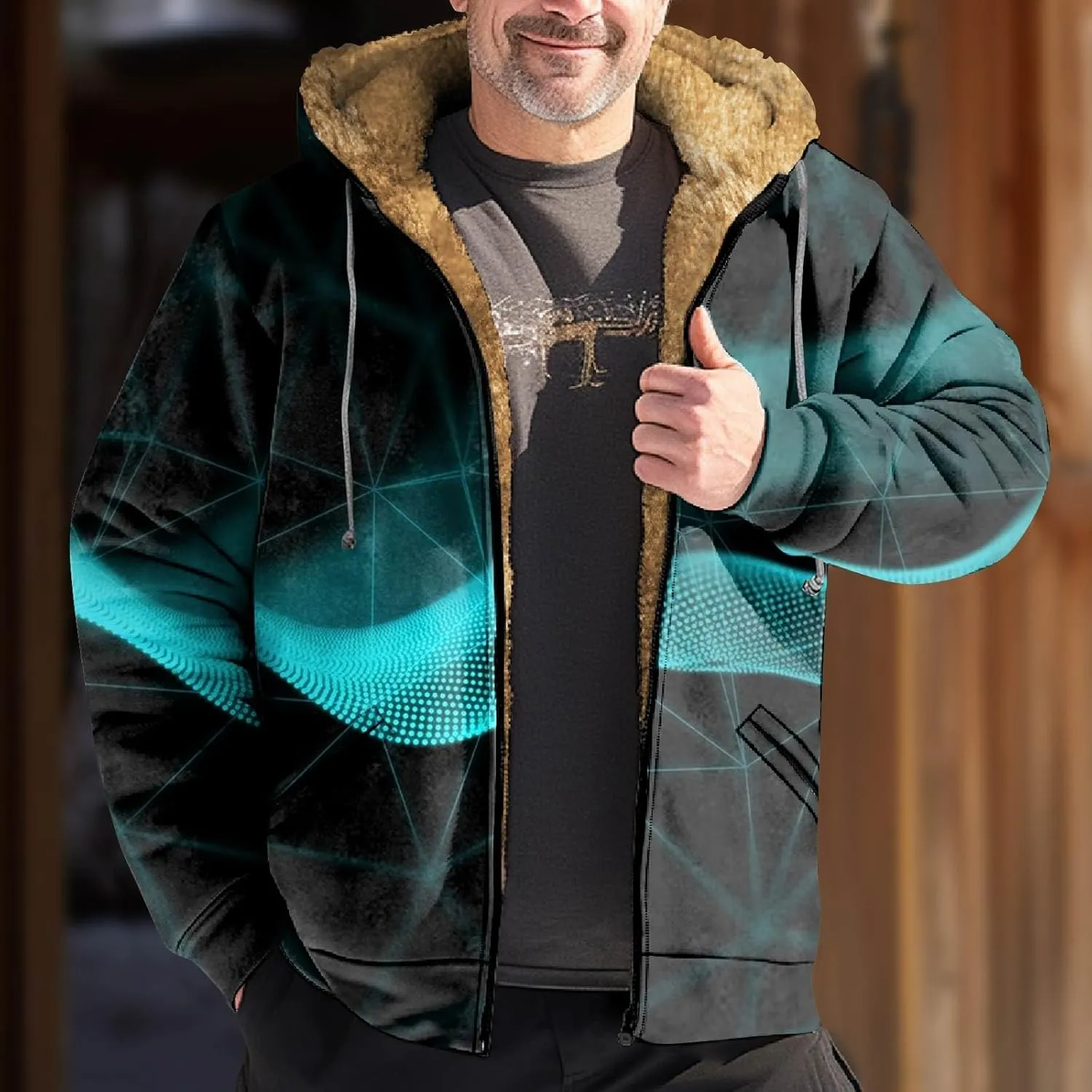 Fleece Jacket Men Hooded Full Zip Jackets Long Sleeve Printing Jacket Stylish Vintage Shirts Comfy Coats with Pocket