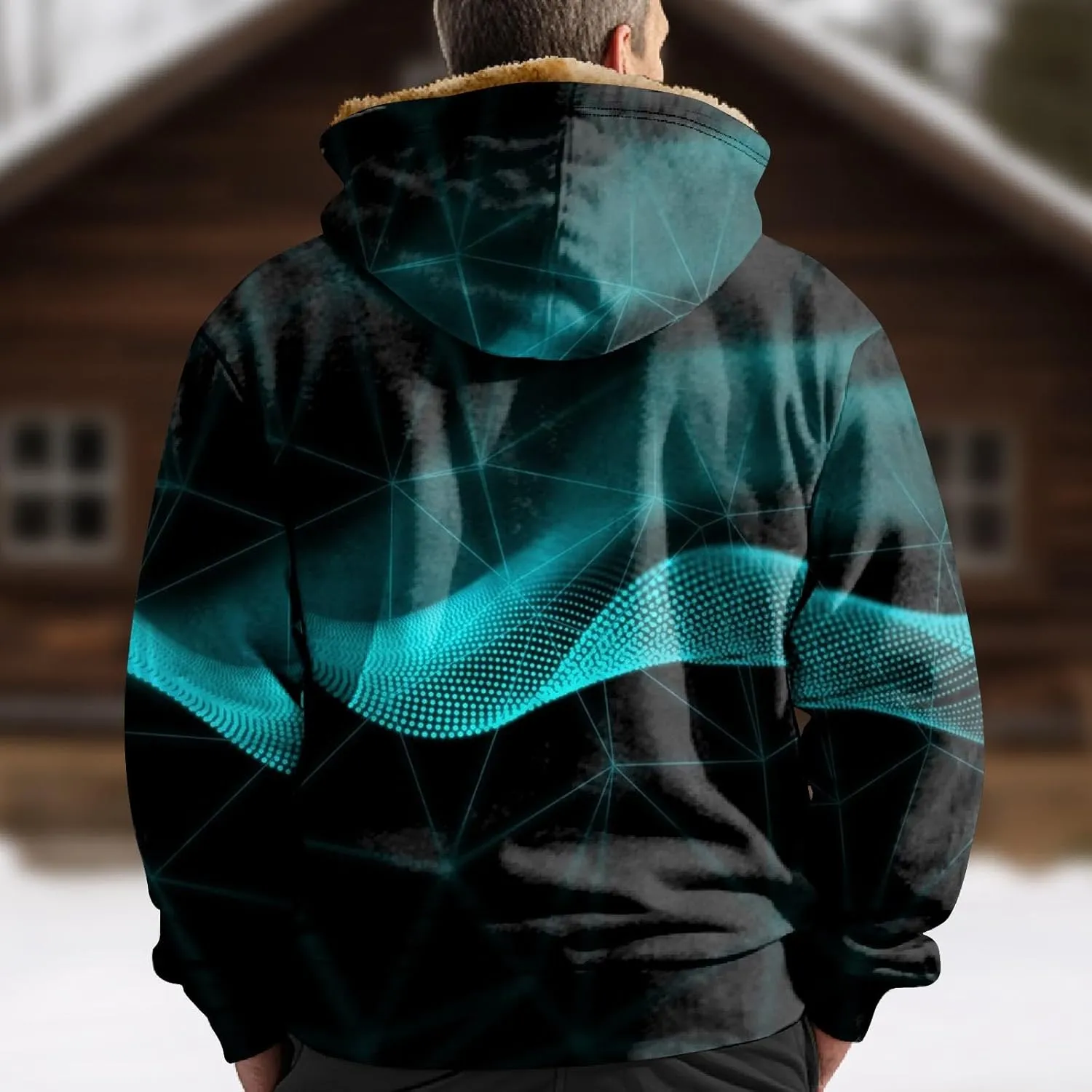Fleece Jacket Men Hooded Full Zip Jackets Long Sleeve Printing Jacket Stylish Vintage Shirts Comfy Coats with Pocket