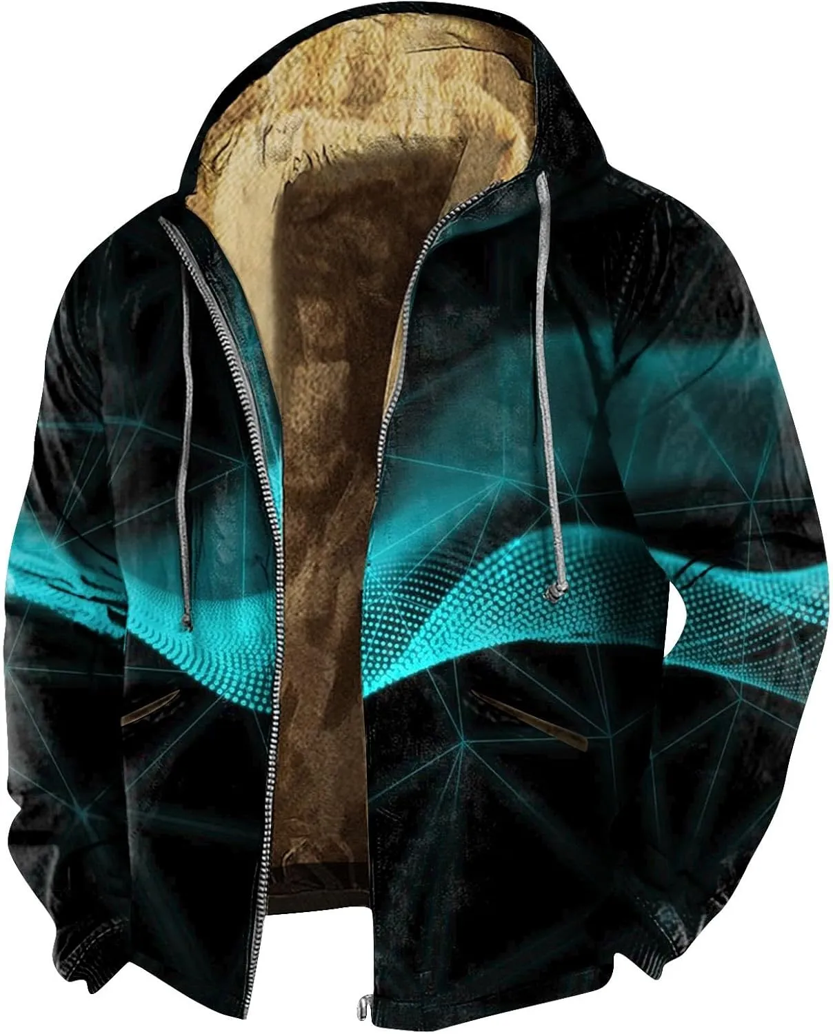 Fleece Jacket Men Hooded Full Zip Jackets Long Sleeve Printing Jacket Stylish Vintage Shirts Comfy Coats with Pocket