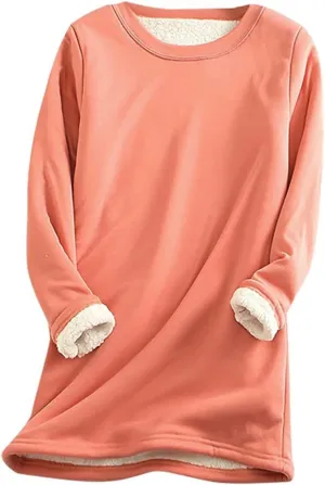 Fleece Lined Sweatshirt Women Winter Warm Sherpa Lined Fleece Crewneck Sweatshirts Pullover Long Sleeve Loungewear