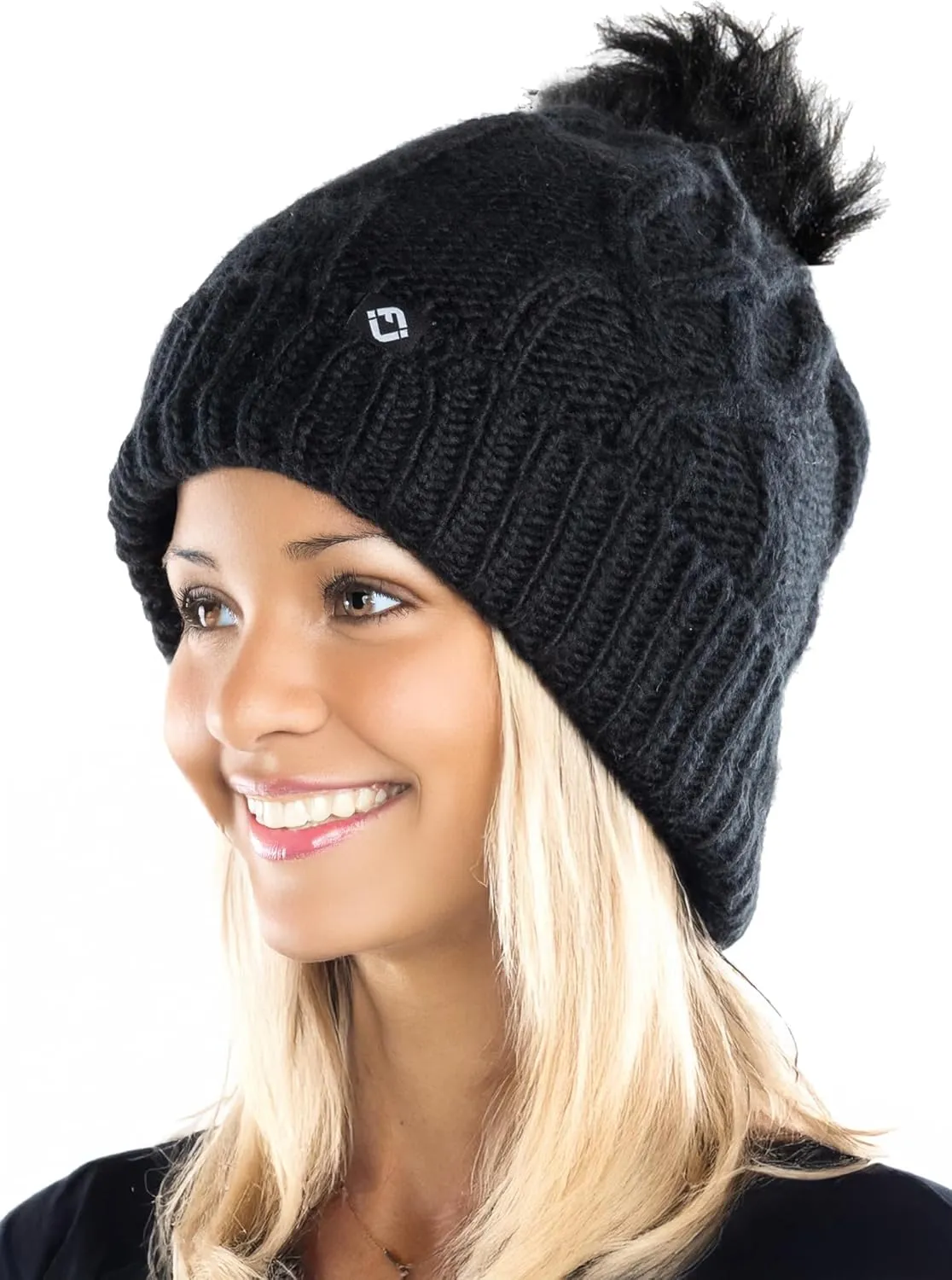 Funky Junque Women's Fleece Lined Winter Beanie - Cozy Cable Knit Pom Pom Hat - Burgundy, Lavender, Tan, Candy Pink