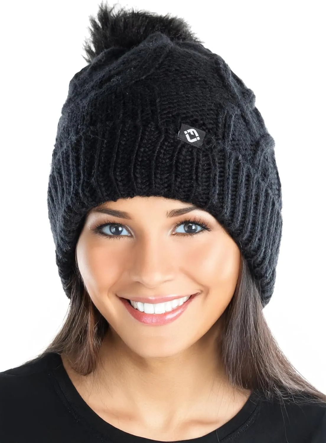 Funky Junque Women's Fleece Lined Winter Beanie - Cozy Cable Knit Pom Pom Hat - Burgundy, Lavender, Tan, Candy Pink