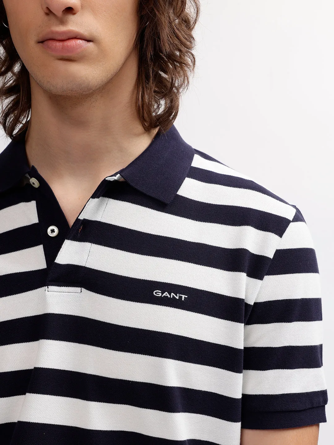 Gant Men Navy Blue Striped Polo Collar Regular fit Short Sleeves T-shirt