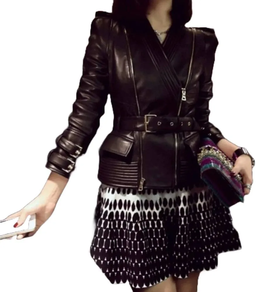 Genuine Sheepskin Leather Buckle Belted Slim Fit V Neck Moto Biker Black Jacket for Women