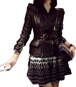 Genuine Sheepskin Leather Buckle Belted Slim Fit V Neck Moto Biker Black Jacket for Women