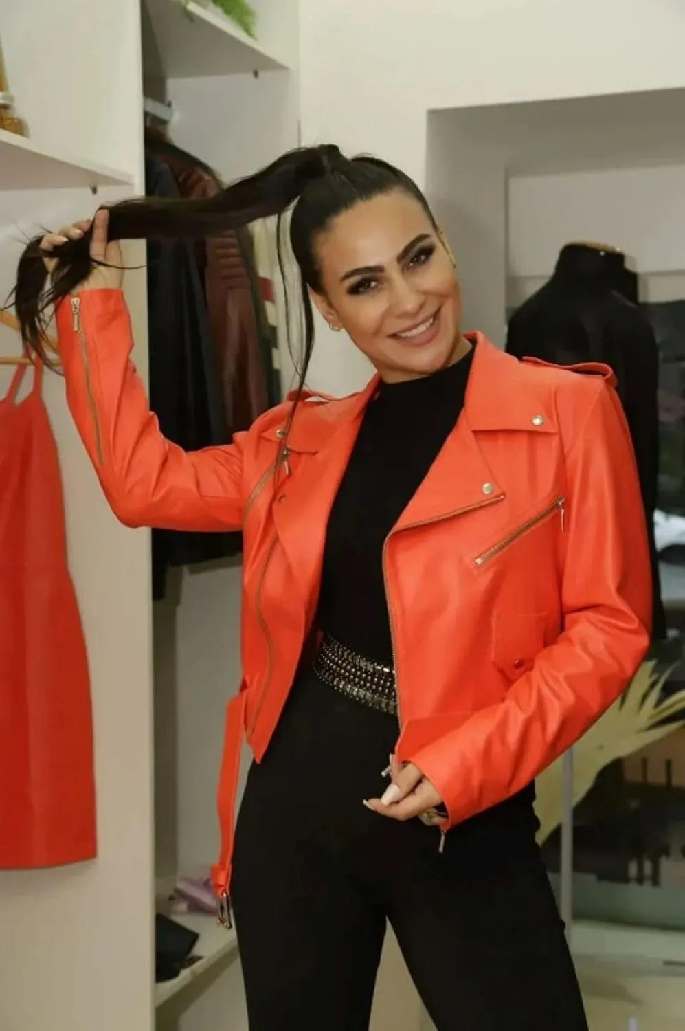Genuine Sheepskin Leather Moto Biker Cropped Streetwear Orange Jacket for Women