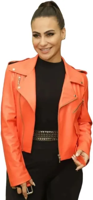 Genuine Sheepskin Leather Moto Biker Cropped Streetwear Orange Jacket for Women