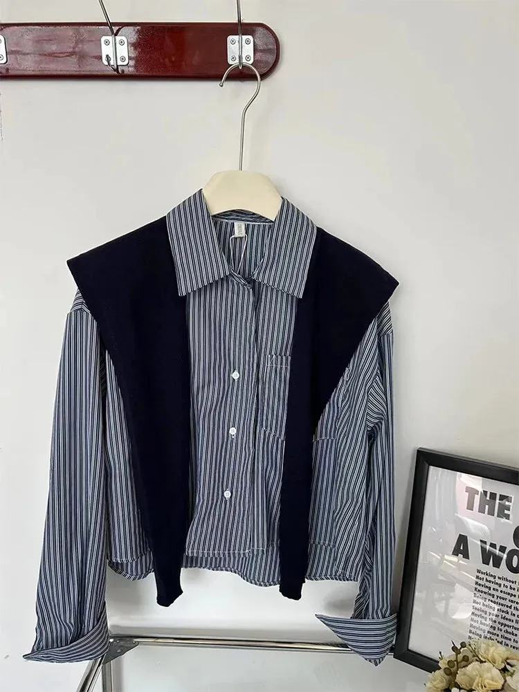 Girlary Spring Summer Women Vintage Fashion Cozy Outfits 2 Piece Set Striped Polo-Neck Formal Blouses Knitwear Shawl Y2K Korean Elegant