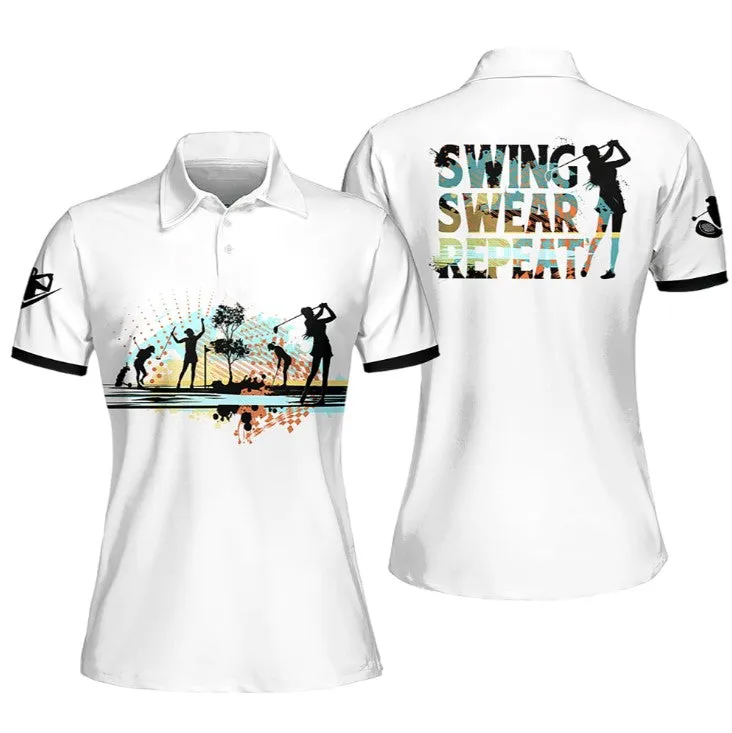 Golf Club Swing Swear Repeat Black Sleeveless Polo Shirt, Women Short Sleeve Polo Shirt