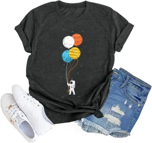 Graphic Shirt Women Cute Astronaut Moon Space Graphic Short Sleeve Tee Top