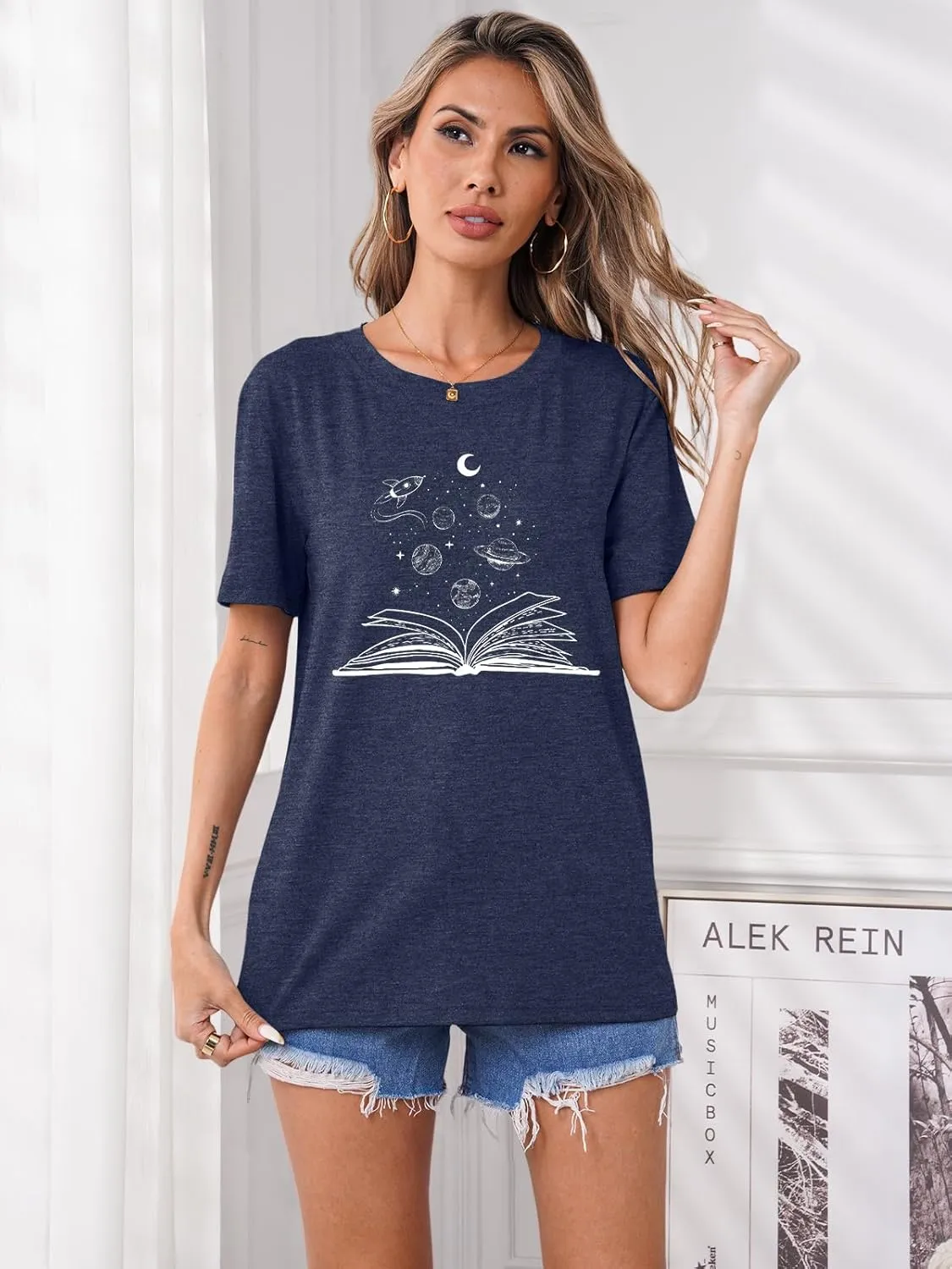 Graphic Shirt Women Cute Astronaut Moon Space Graphic Short Sleeve Tee Top