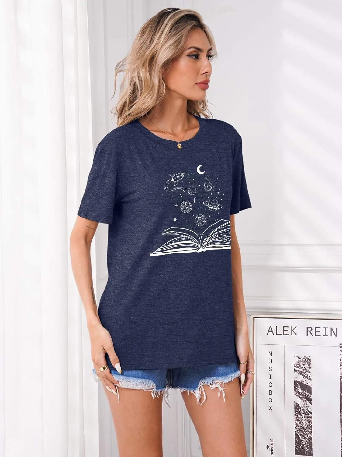 Graphic Shirt Women Cute Astronaut Moon Space Graphic Short Sleeve Tee Top