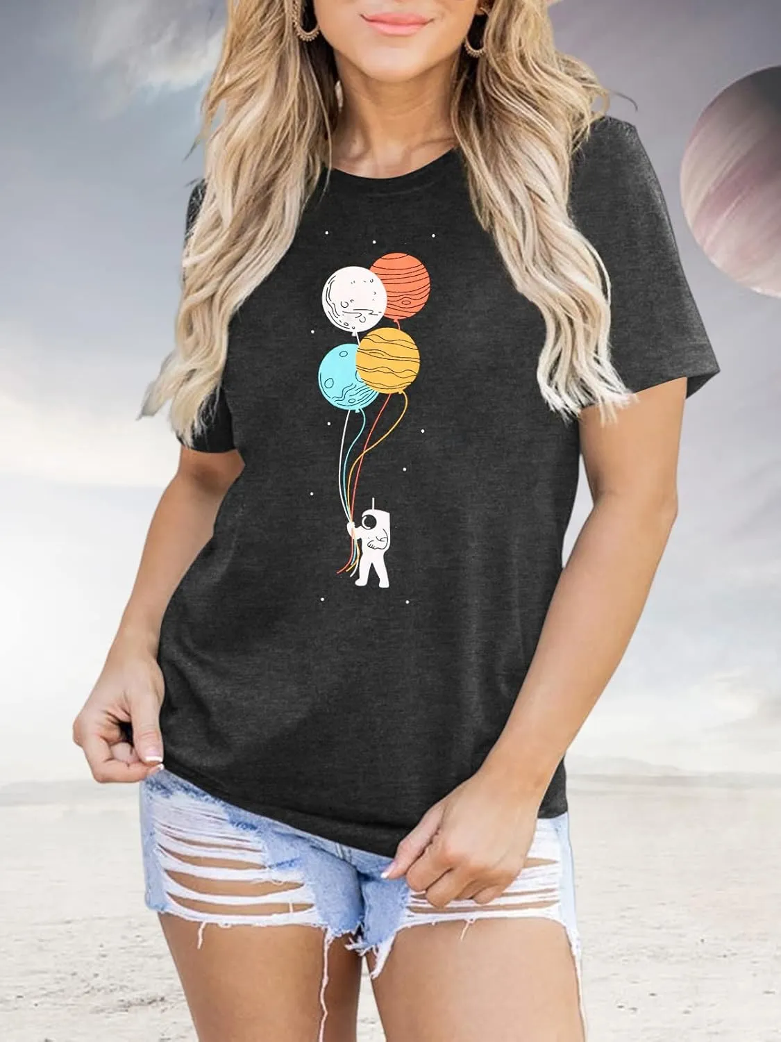 Graphic Shirt Women Cute Astronaut Moon Space Graphic Short Sleeve Tee Top