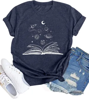 Graphic Shirt Women Cute Astronaut Moon Space Graphic Short Sleeve Tee Top