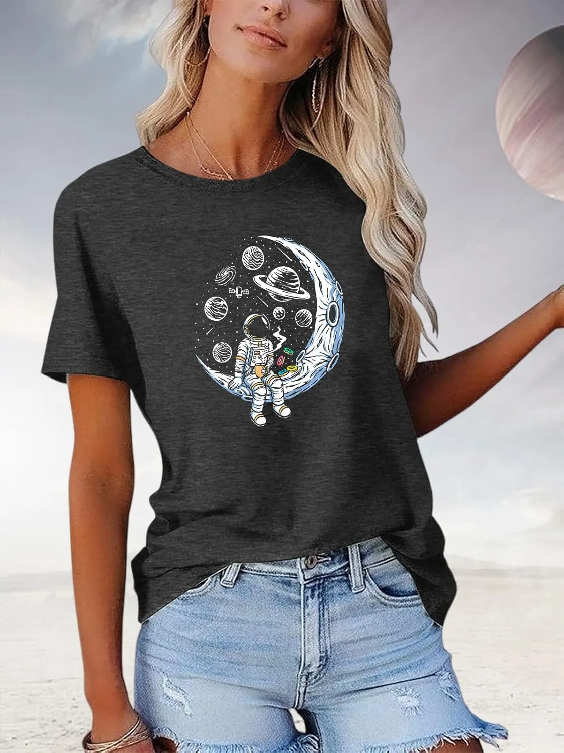 Graphic Shirt Women Cute Astronaut Moon Space Graphic Short Sleeve Tee Top