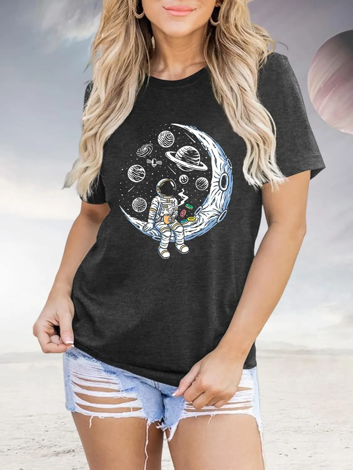 Graphic Shirt Women Cute Astronaut Moon Space Graphic Short Sleeve Tee Top