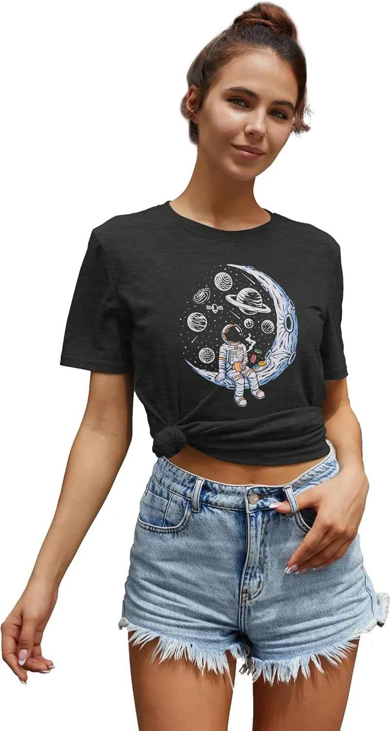 Graphic Shirt Women Cute Astronaut Moon Space Graphic Short Sleeve Tee Top