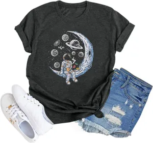 Graphic Shirt Women Cute Astronaut Moon Space Graphic Short Sleeve Tee Top