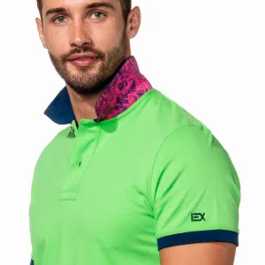 Green Polo with Double Sided Navy and Fuchsia Paisley Print Collar