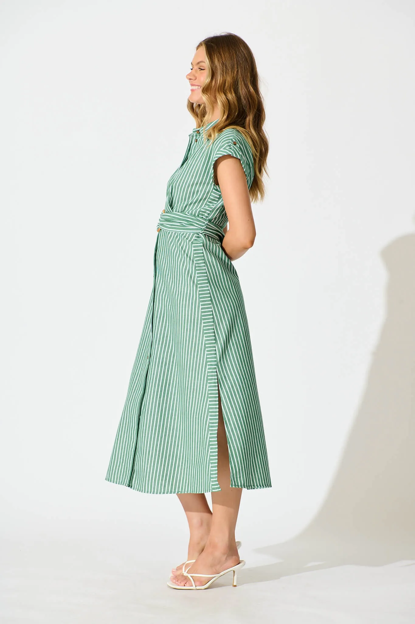 Green Striped Cotton Linen Shirt Dress