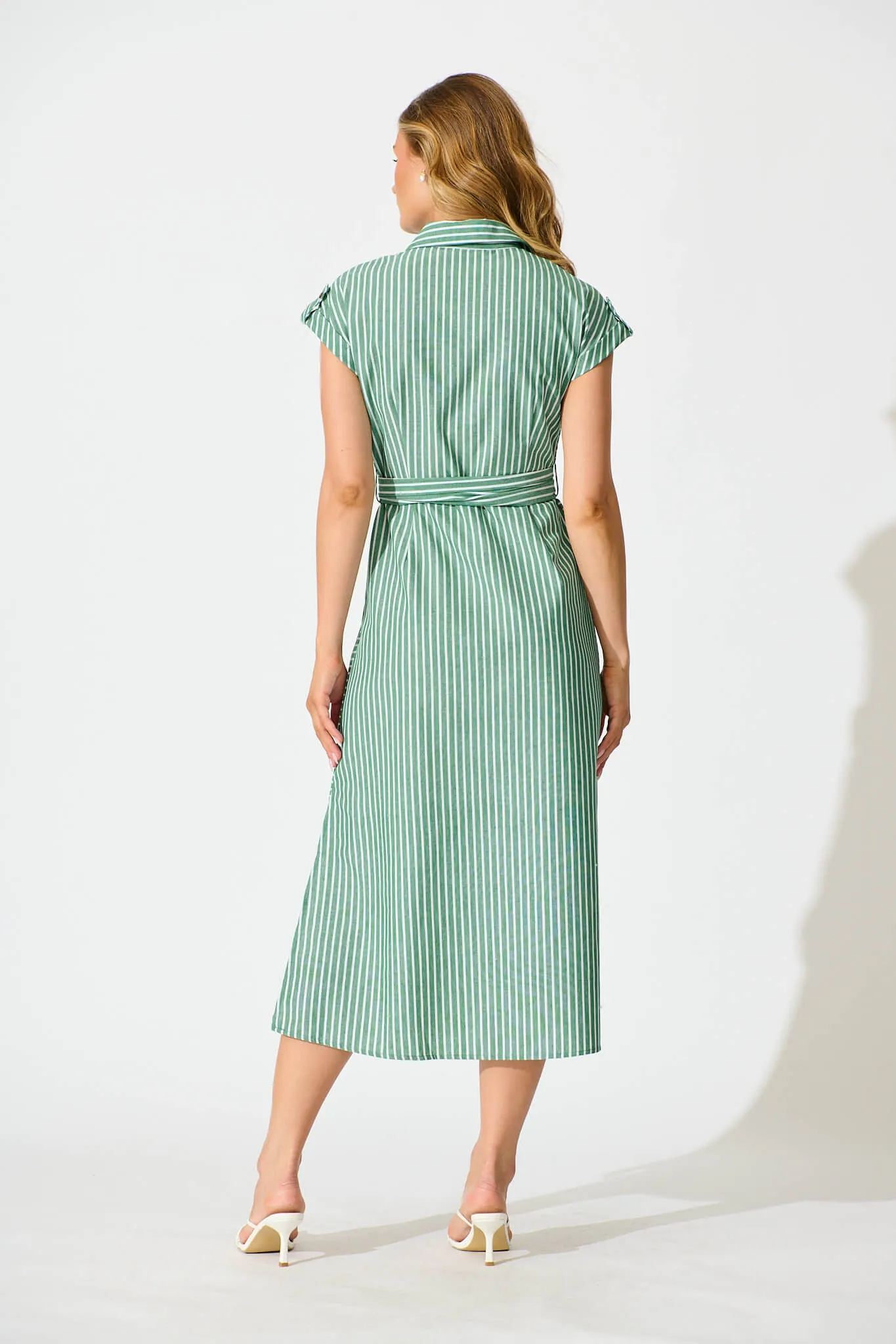 Green Striped Cotton Linen Shirt Dress