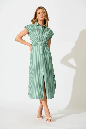 Green Striped Cotton Linen Shirt Dress