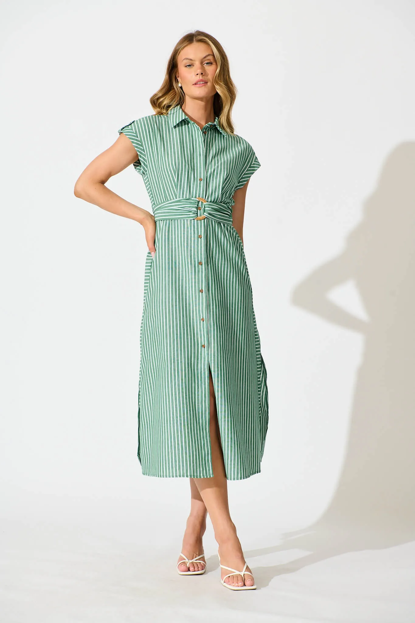 Green Striped Cotton Linen Shirt Dress