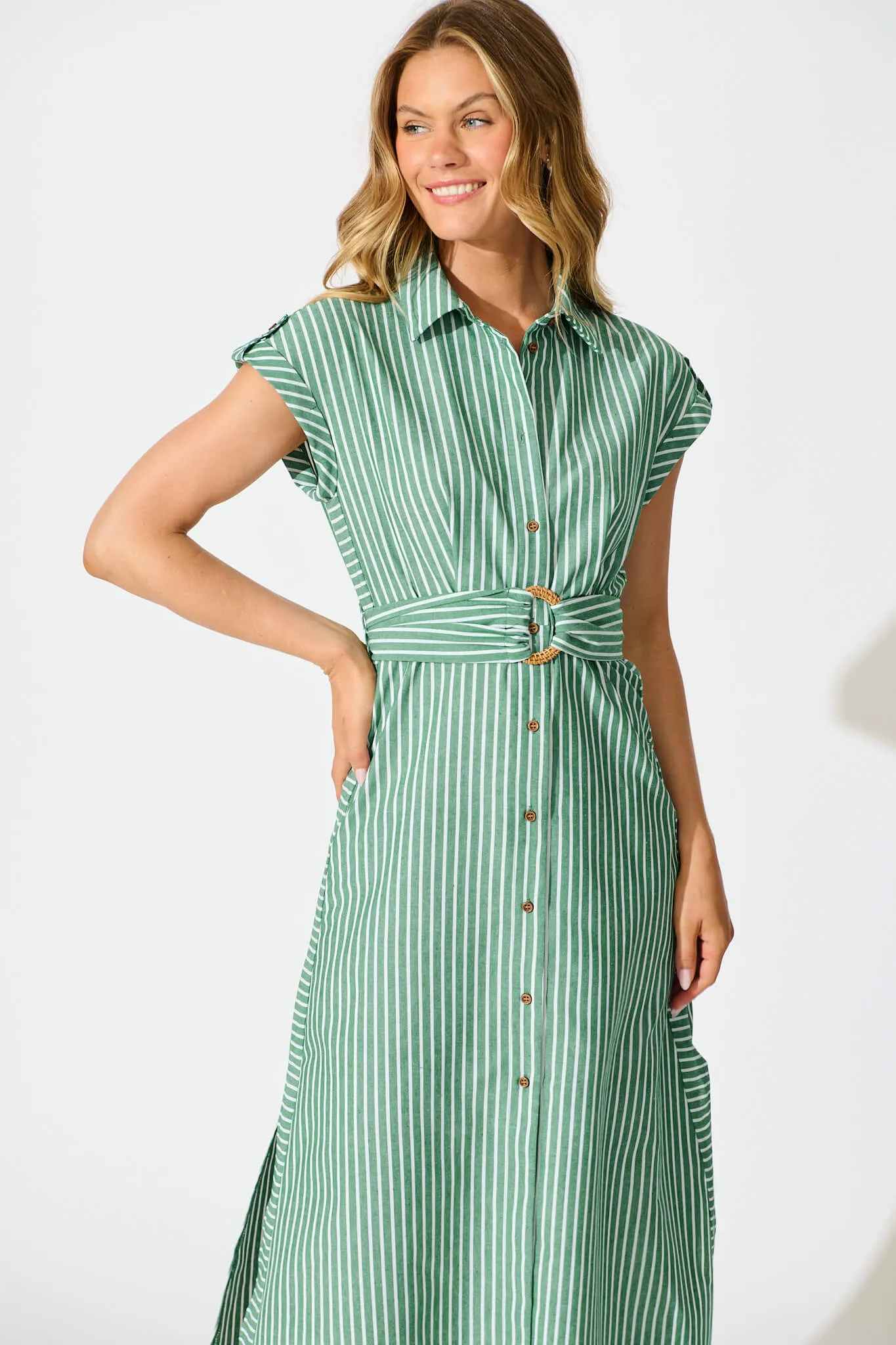 Green Striped Cotton Linen Shirt Dress