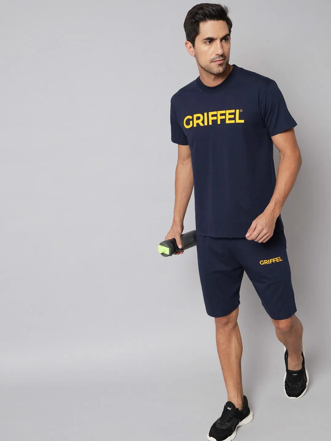 GRIFFEL Men Printed Navy Regular fit T-shirt and Short Set