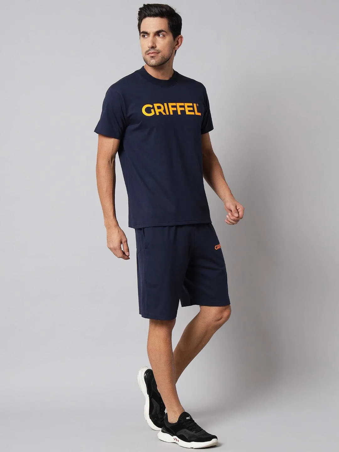 GRIFFEL Men Printed Navy Regular fit T-shirt and Short Set