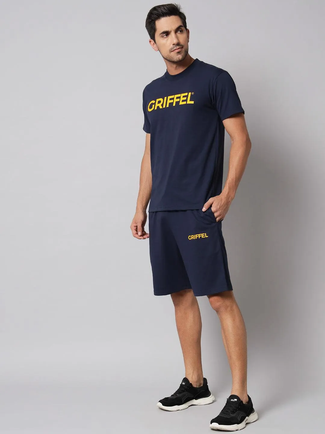 GRIFFEL Men Printed Navy Regular fit T-shirt and Short Set