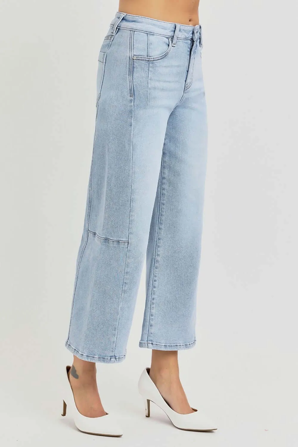 High Rise Seamed Detail Wide Leg Crop Jeans