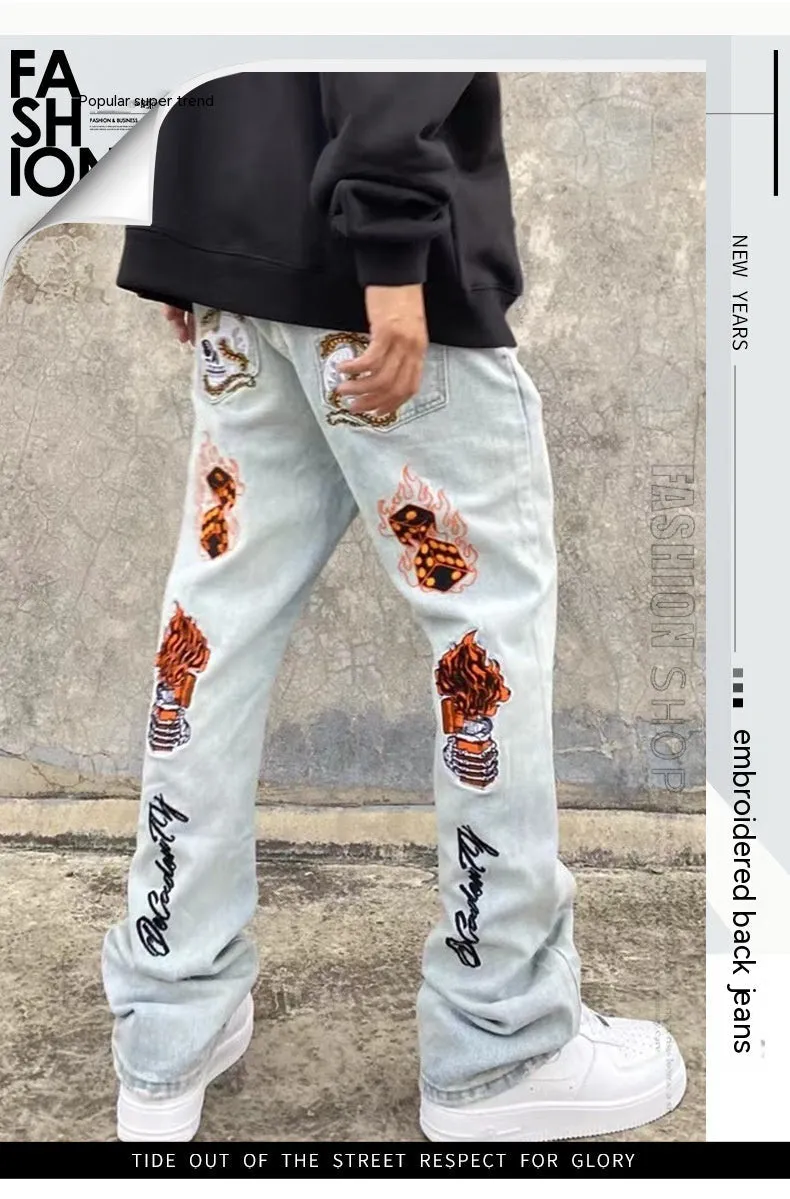 High Street Hip Hop Embroidered Back Jeans Korean Style Fashion Brand Stretch Slim Fit Skinny Pants Men