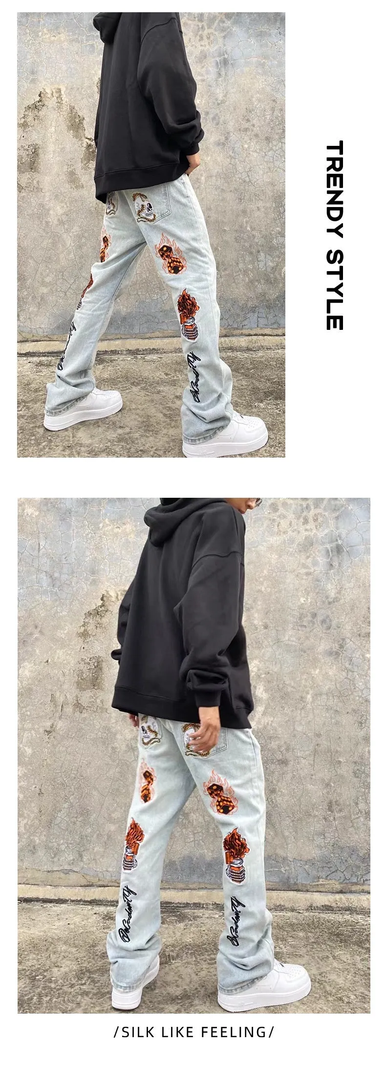 High Street Hip Hop Embroidered Back Jeans Korean Style Fashion Brand Stretch Slim Fit Skinny Pants Men