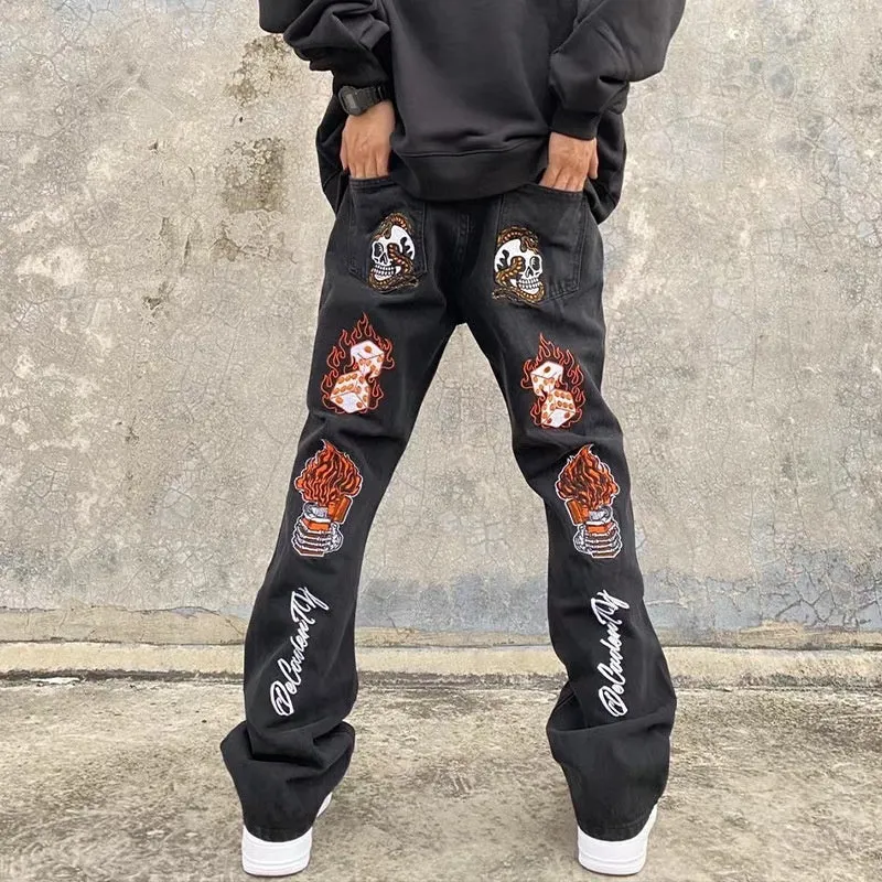 High Street Hip Hop Embroidered Back Jeans Korean Style Fashion Brand Stretch Slim Fit Skinny Pants Men