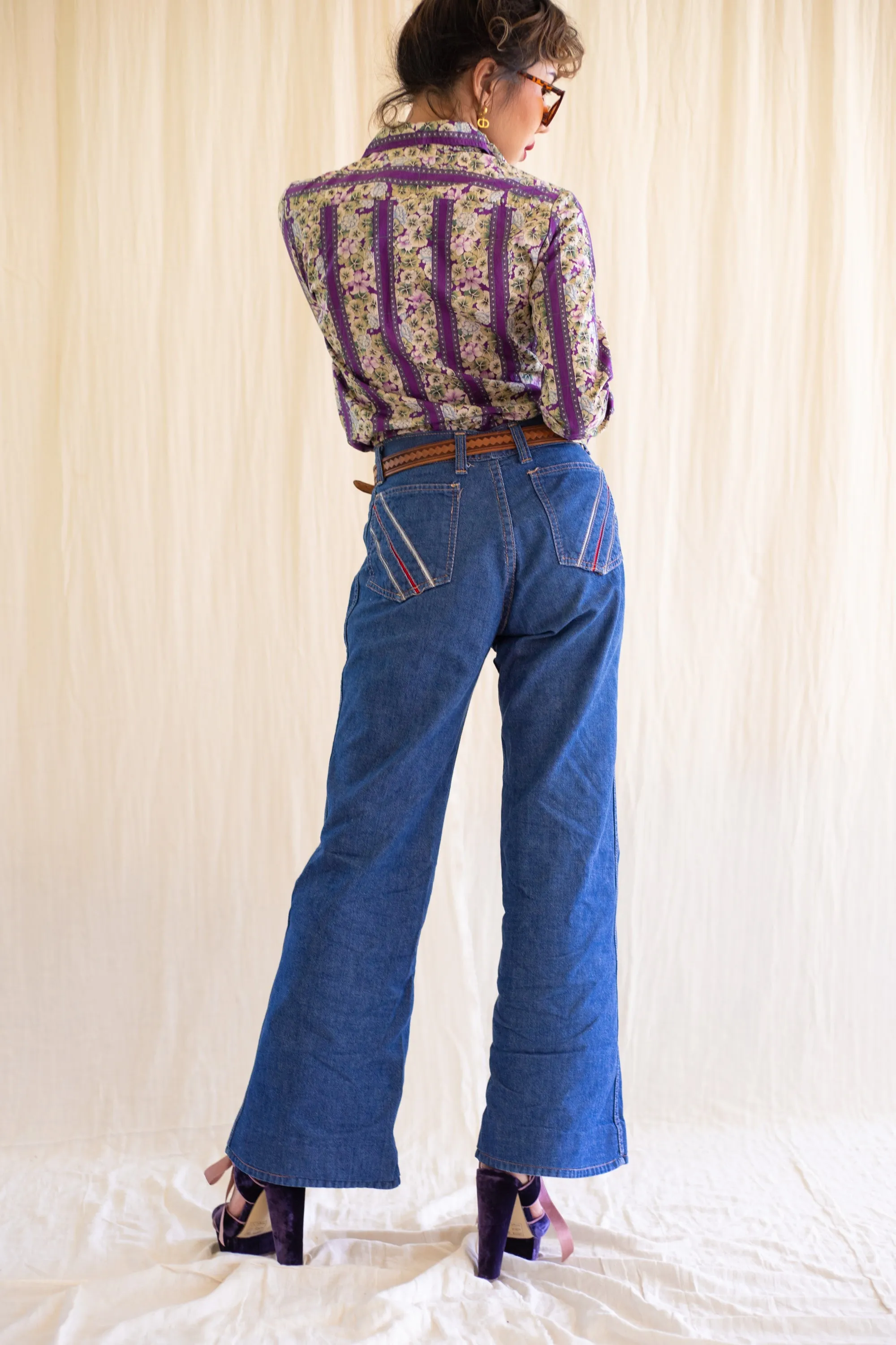 High waisted wide leg flare blue jeans
