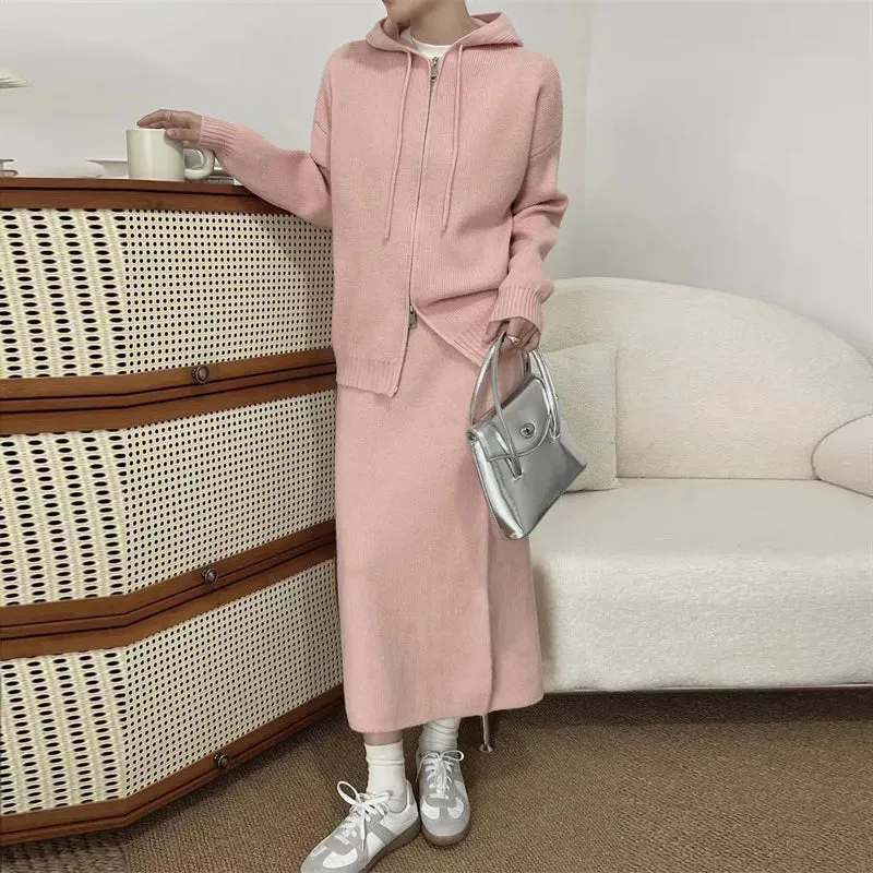 Hnewly Korean Lazy Style Women Knitted Sweater Casual Set Autumn Winter Hooded Zipper Cardigan Tops Knitwear Long Skirt Two-piece Suit